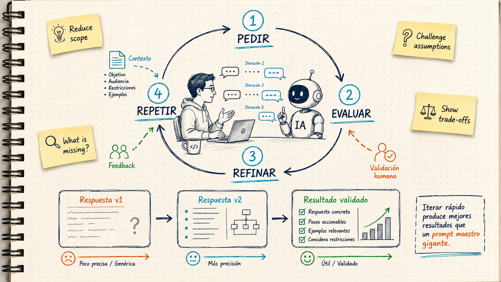 Proceso iterativo para mejorar respuestas de IA mediante prompting