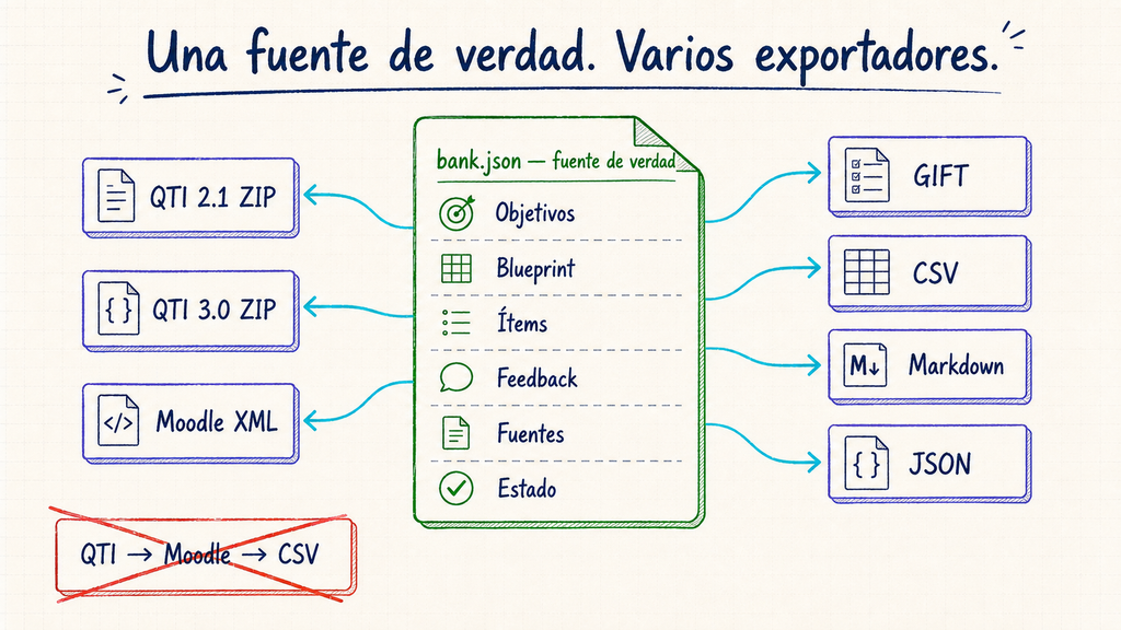 JSON canónico que alimenta exportadores QTI, Moodle XML, GIFT, CSV y Markdown