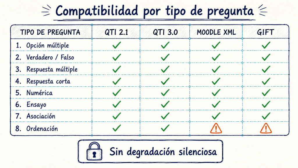 Matriz de compatibilidad entre tipos de preguntas, QTI, Moodle XML y GIFT