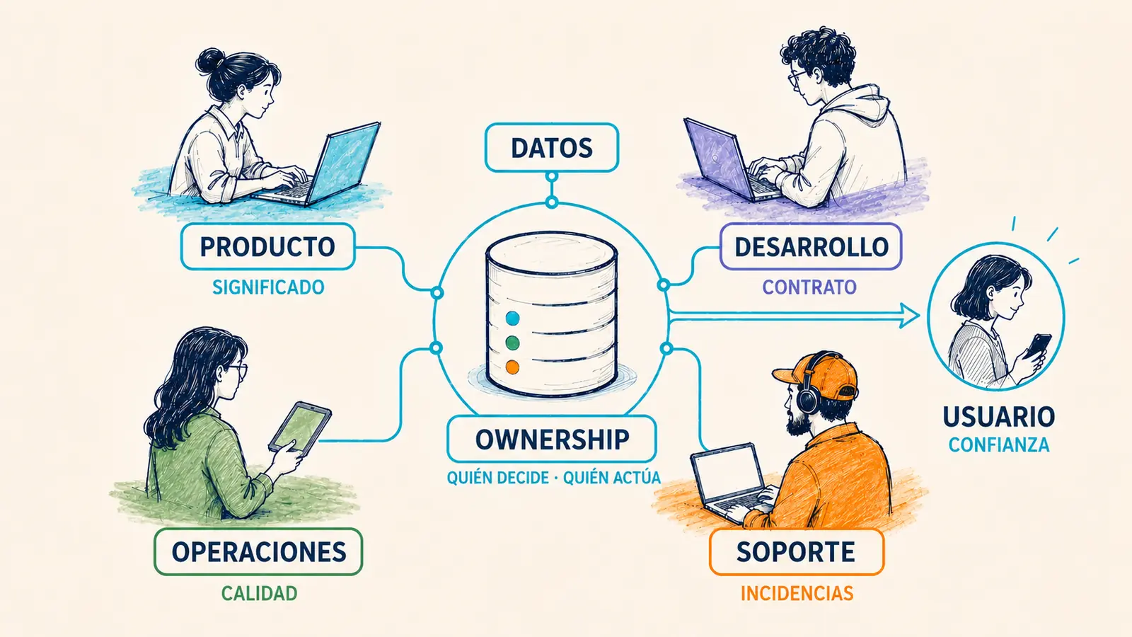 Data ownership entre equipos de producto y tecnología Equipos de producto, desarrollo, datos y operaciones compartiendo la responsabilidad sobre el significado, contrato, calidad y operación de un dato