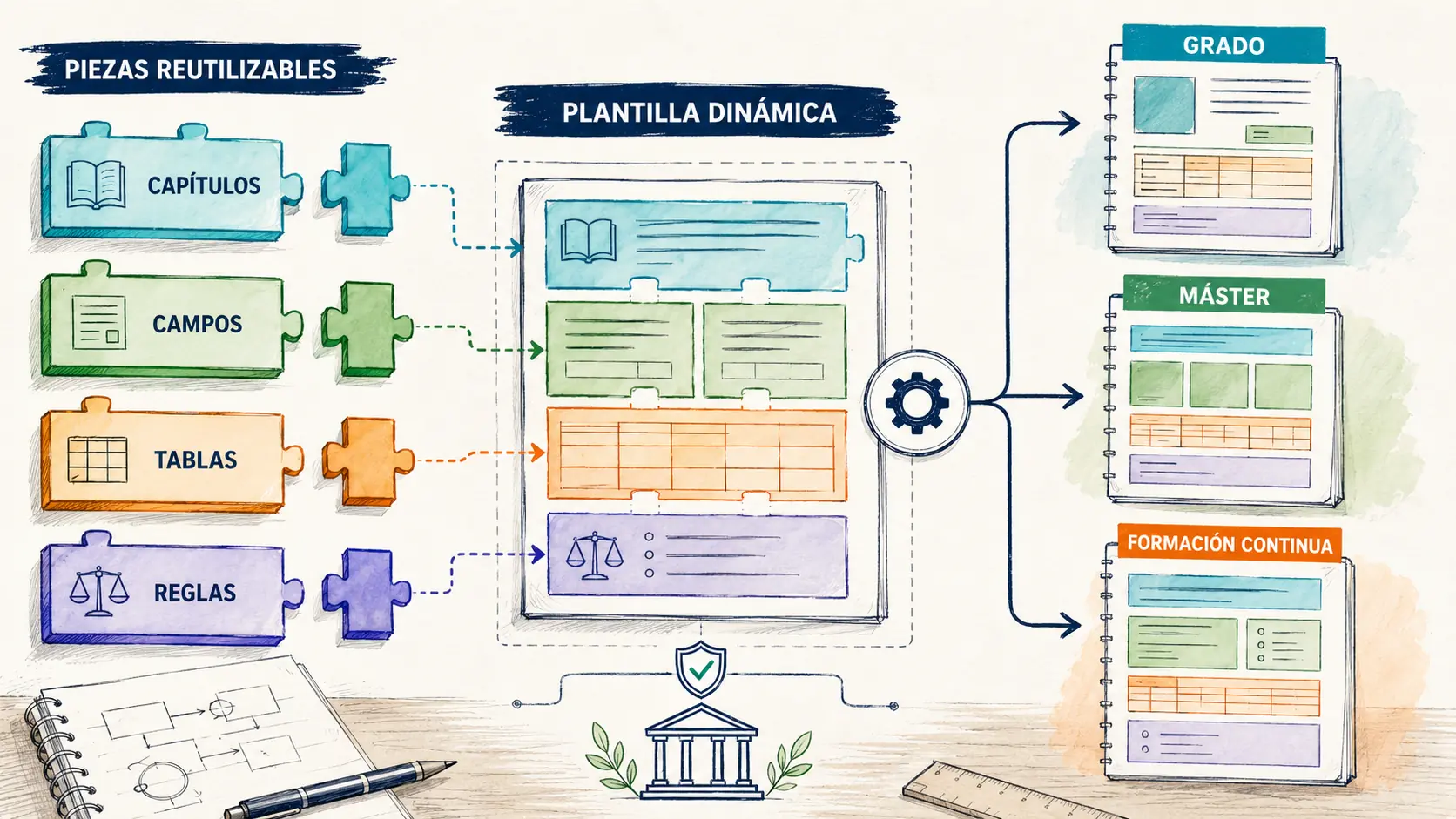 Plantilla dinámica de GuideWizard compuesta por capítulos, apartados, campos, tablas y reglas de validación