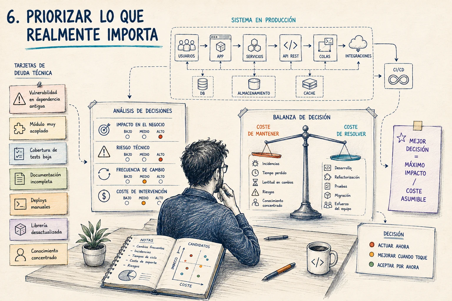 Profesional técnico priorizando deuda según impacto, riesgo, frecuencia de cambio y coste