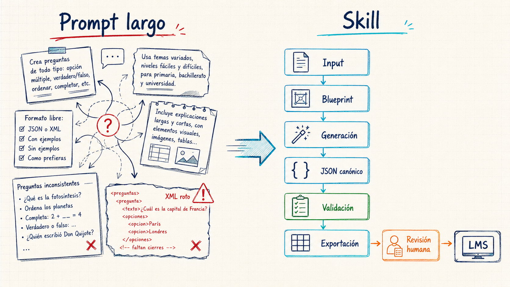 Comparación entre un prompt largo y una skill estructurada para generar bancos de preguntas