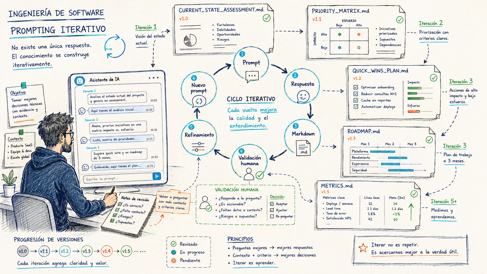 Ciclo iterativo de prompting con IA aplicado a ingeniería de software.