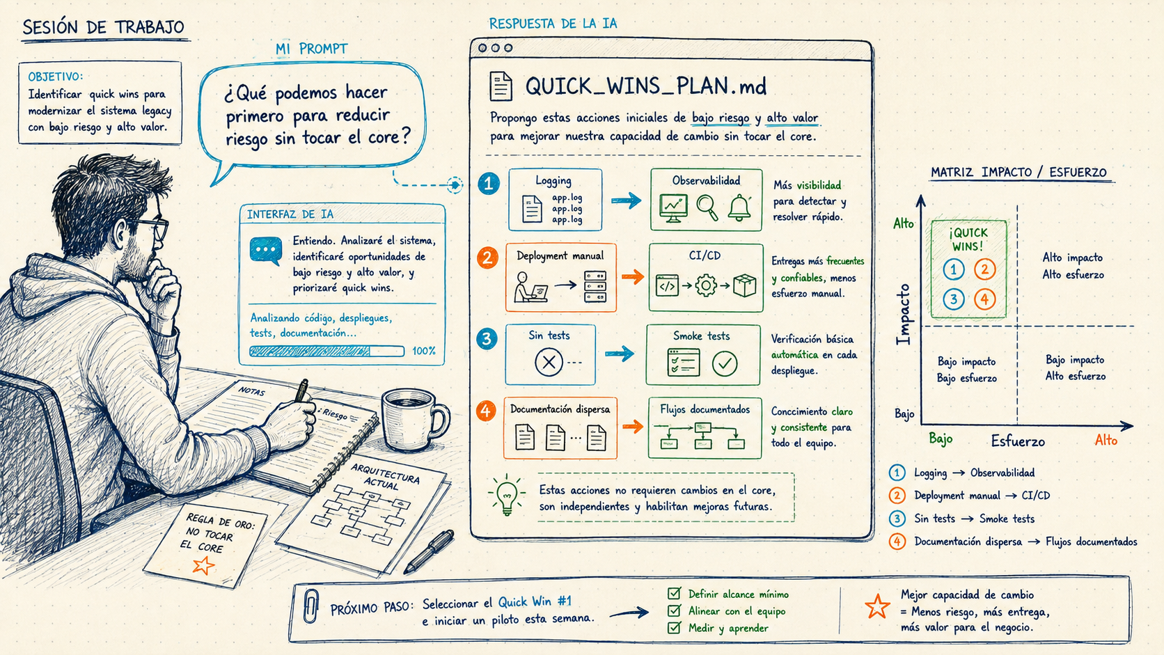 Prompt con IA para identificar quick wins en un proyecto de modernización legacy.