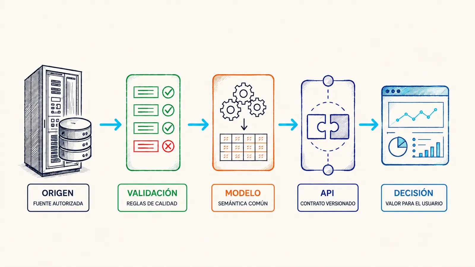 Recorrido de los datos desde el sistema de origen hasta el producto Recorrido de los datos desde un sistema ERP hasta la validación, el modelo canónico, la API y la decisión del usuario