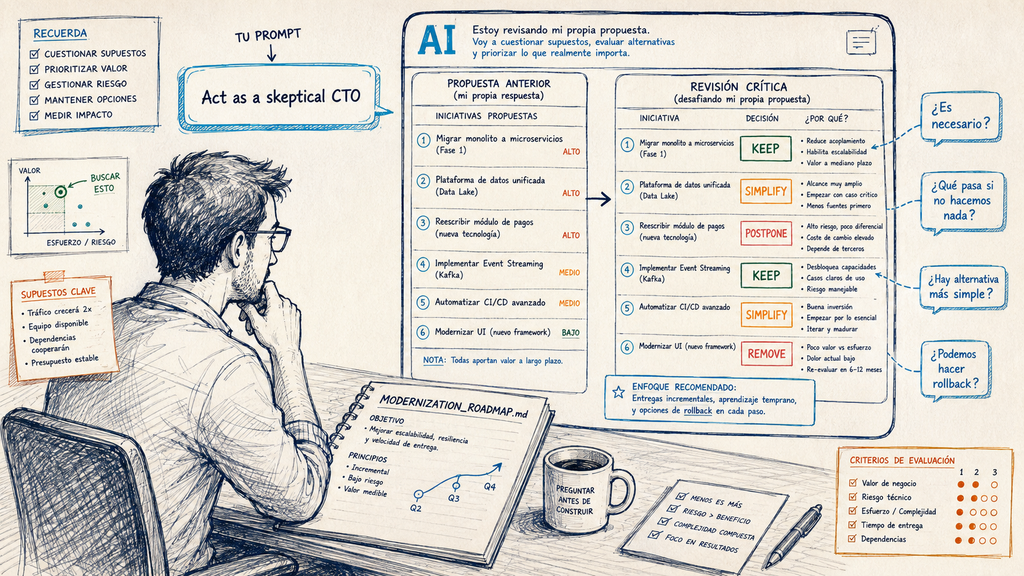 Prompt que pide a la IA actuar como CTO escéptico y revisar un roadmap técnico