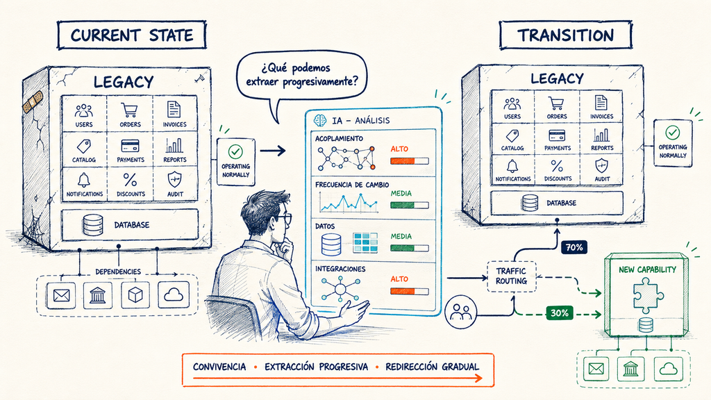 Análisis con IA de candidatos para aplicar Strangler Pattern en software legacy.