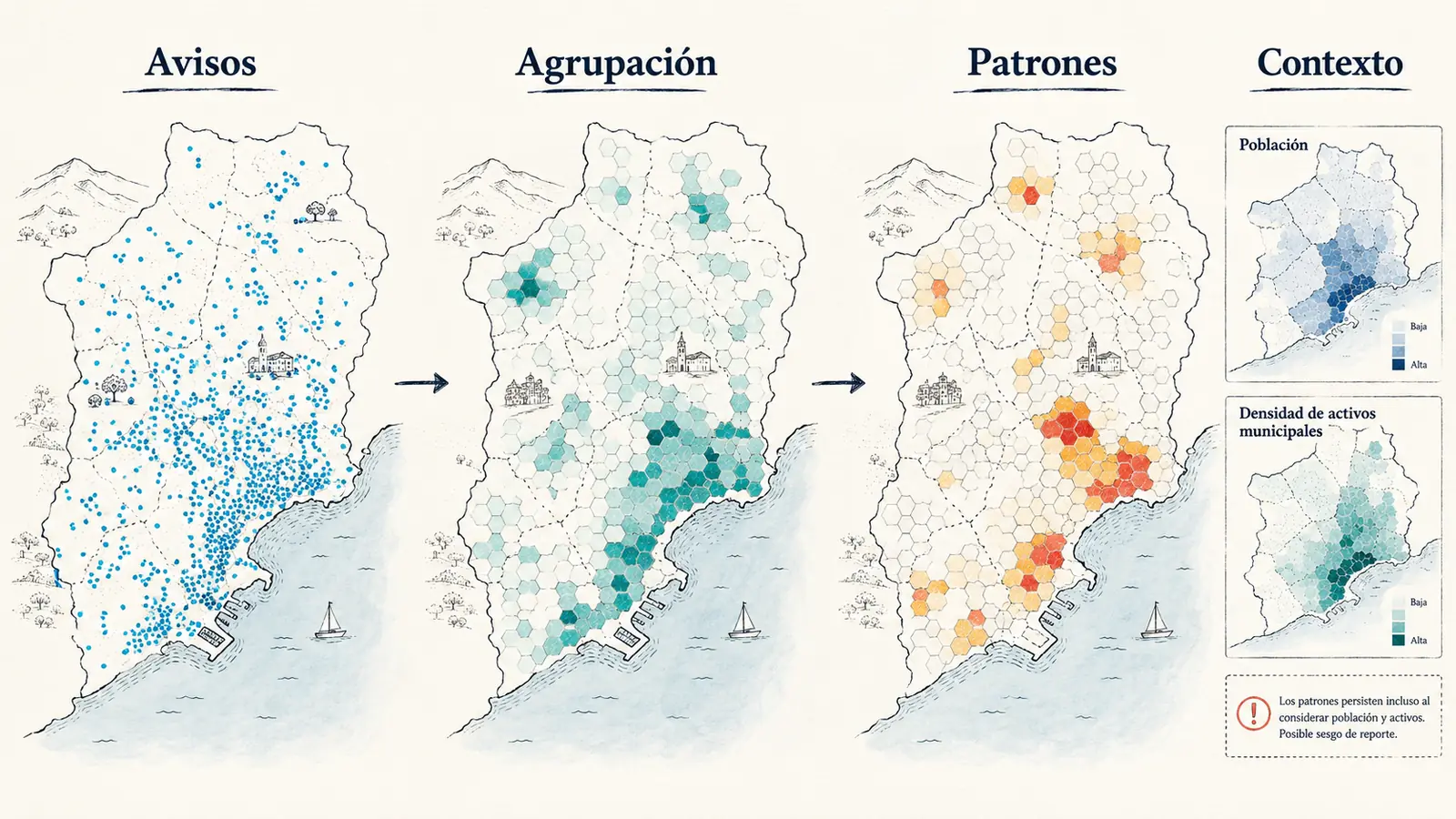 Evolución desde avisos individuales hasta patrones espaciales contextualizados